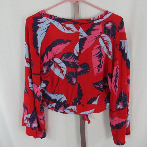 Express XS Tropical Floral Leaf Front Tie Crop Top with Flowy Sleeves Hawaiian - Picture 4 of 4